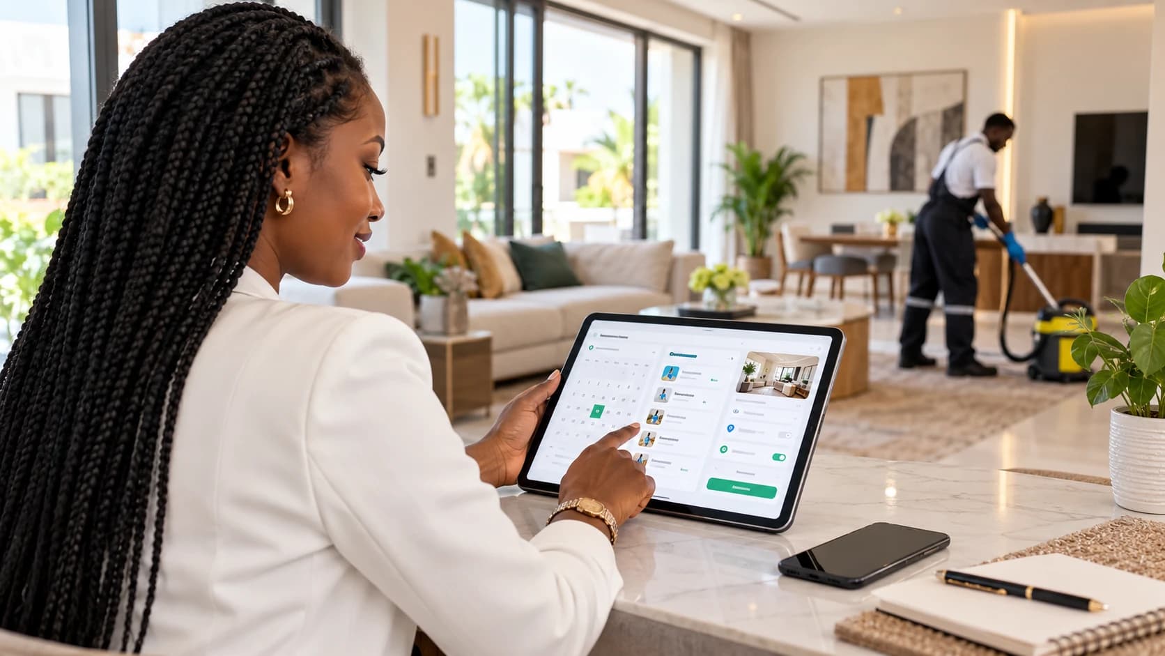 Une utilisatrice suit une réservation de ménage sur tablette pendant qu'un agent Yele Clean passe l'aspirateur dans le salon.