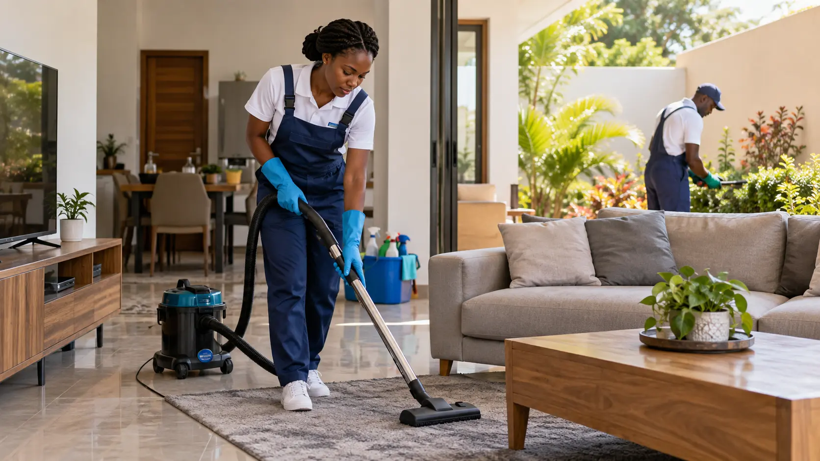 Une professionnelle Yele Connect passe l'aspirateur dans un salon pendant qu'un collègue entretient le jardin en arrière-plan, illustrant les services de nettoyage et de jardinage.
