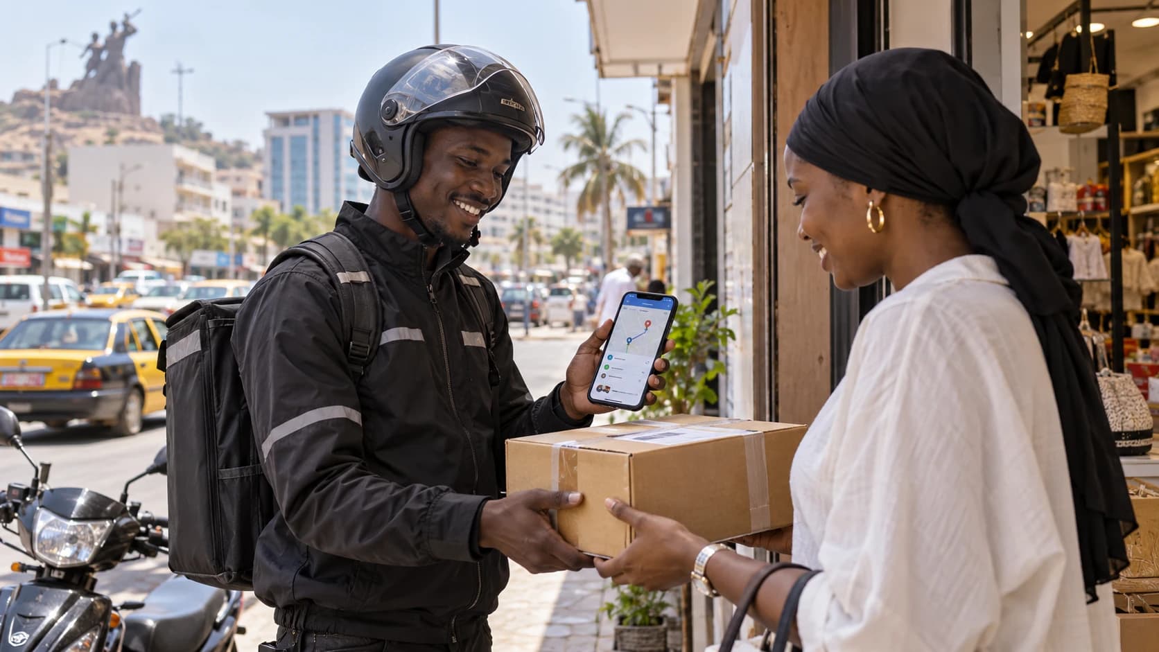 Un livreur Yele Go remet un colis à une cliente dans la rue, avec le suivi de livraison affiché sur son téléphone.