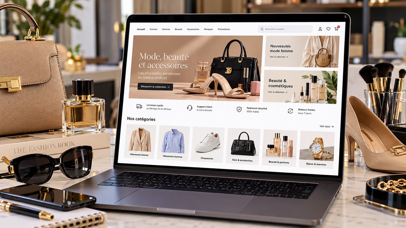 Un ordinateur portable affiche la boutique en ligne Yele Outlet, avec une sélection de mode, beauté et accessoires.
